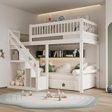 Kinderbett Etagenbett 90 x 200 cm, Hochbett mit Treppe und Aufbewahrungsschrank, Multifunktionsbett...