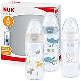 NUK First Choice+ Babyflasche im Set | 0–6 Monate | Temperature Control Anzeige | 300 ml | Anti-Colic-Ventil | BPA-frei | Trinksauger aus Silikon | 3 Stück | Safari