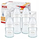 NUK First Choice+ Babyflaschen aus Glas, Starter Set | 0–6 Monate | 4 x Anti-Colic-Babyflaschen & Flaschenbox | BPA-frei | grau & weiß | 5-teilig