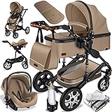 KESSER® Loops 3 in 1 Kinderwagen Kombikinderwagen Komplett-Set inkl. Babywanne & Buggy Sportsitz & Auto-Babyschale Voll-Gummireifen Wickeltasche Regenschutz Kindertisch ECE R129, Beige/Schwarz